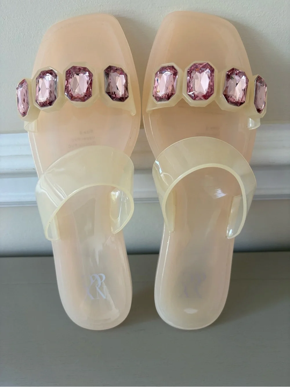 New York & Company Blush Clear Slides with Pink Gem Accents